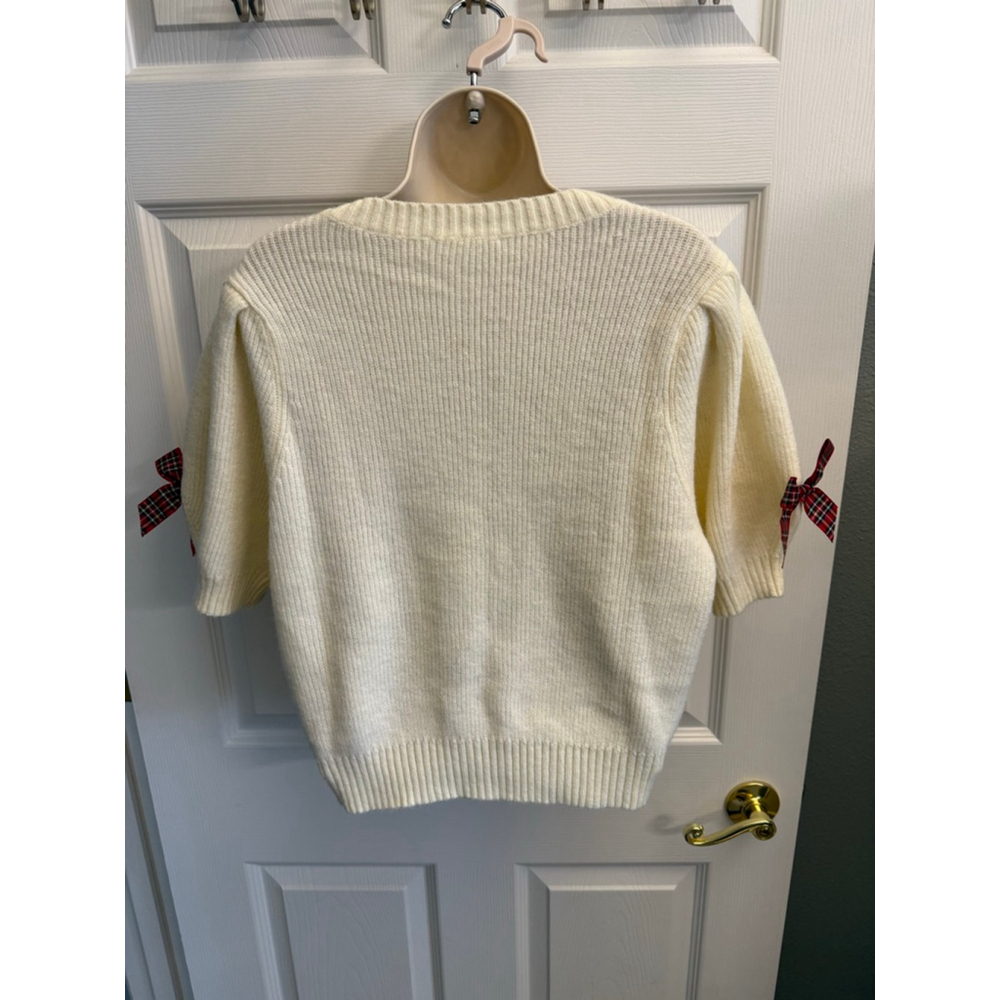 Talulah ivory short-sleeve knit sweater with multiple plaid bows puff slv SZ M - Picture 2 of 7